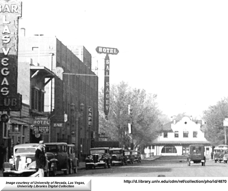 Far left is the Las Vegas Club original location at 21-23 Fremont,  next is Las Vegas Hotel at 19 Fremont and the Sal Sagev on the corner.
In the background is the Union Pacific Railroad Dept.  Click to see the original photo at UNLV Digital Libraries.